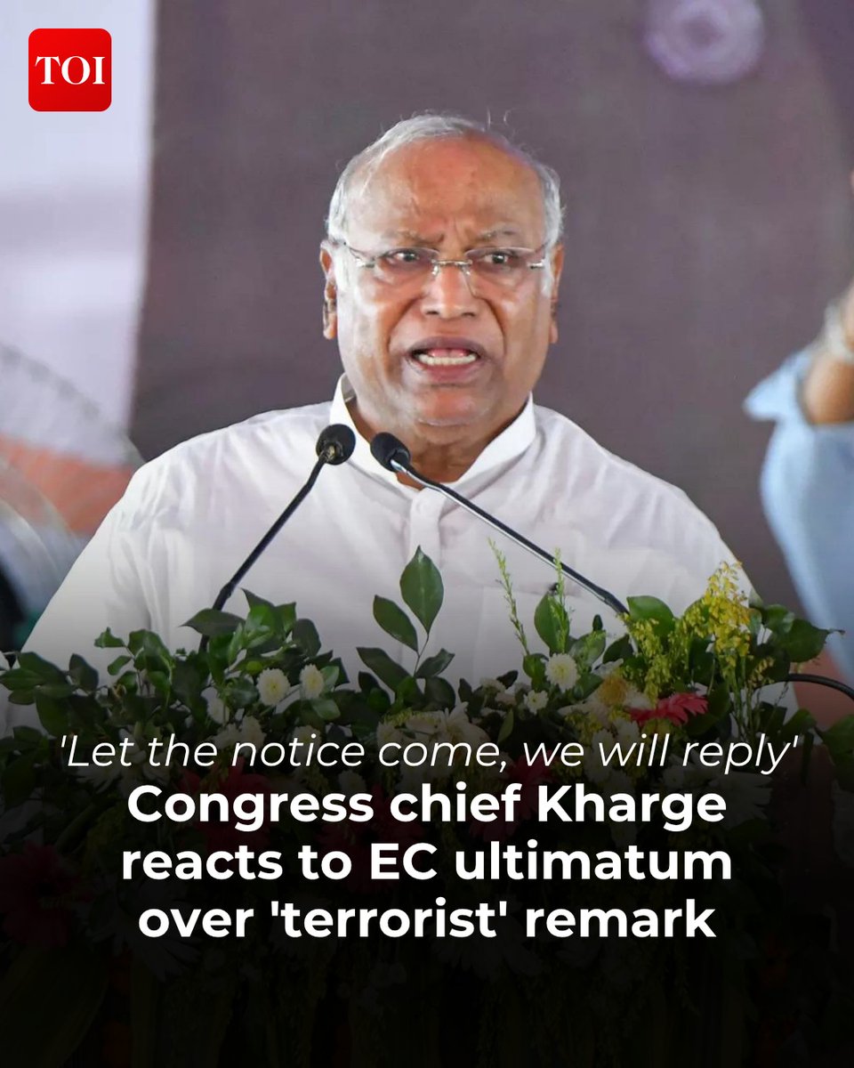 timesofindia's tweet image. Congress chief #MallikarjunKharge has responded to an Election Commission notice regarding his "terrorist" remarks on Prime Minister #NarendraModi. Kharge stated his party would reply to the EC's ultimatum, which warned of action if he failed to explain his stand within 24 hours.