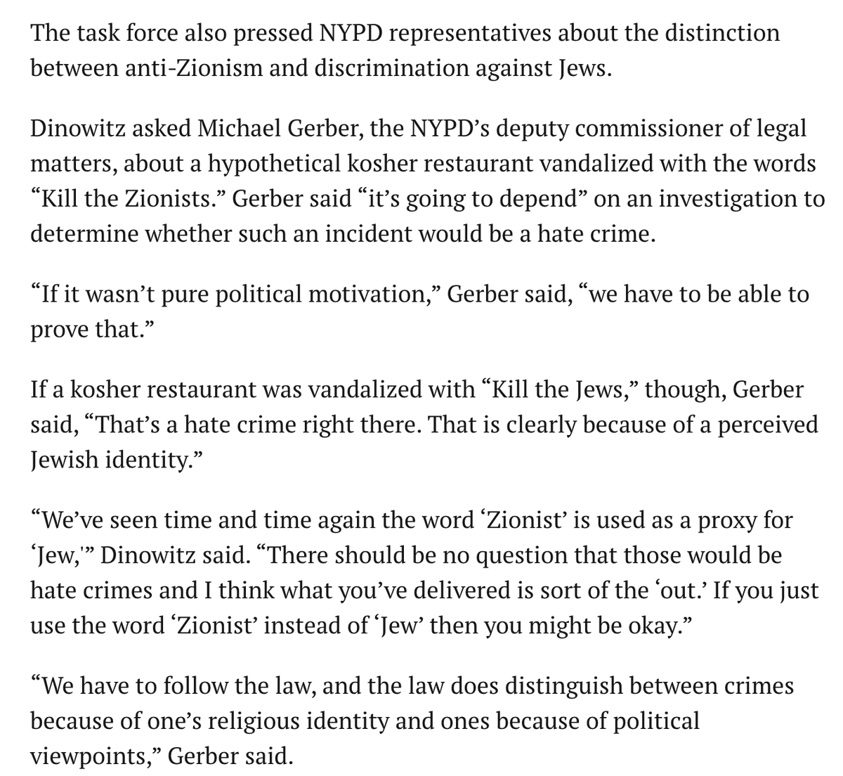 NYPD says "kill the Jews" graffiti on a kosher restaurant is a hate crime, but for "kill the Zionists" graffiti on the same restaurant, an investigation would need to prove it wasn't "political motivation" to qualify as a hate crime