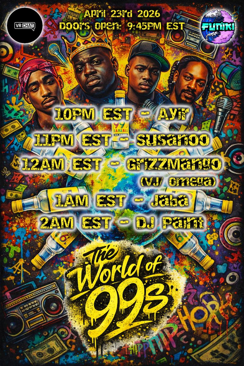FunikiGroup's tweet photo. Event: The World of 99s
Time: 4/23 @ 10pmEST
Location: The Ball House - #VRChat

Join Funiki tonight for a night of hip-hop/rap/trap music from some of your favorite VRC DJs! The music will be pumping  &amp; drinks flowing all night long! https://t.co/3MZWJPkUnV