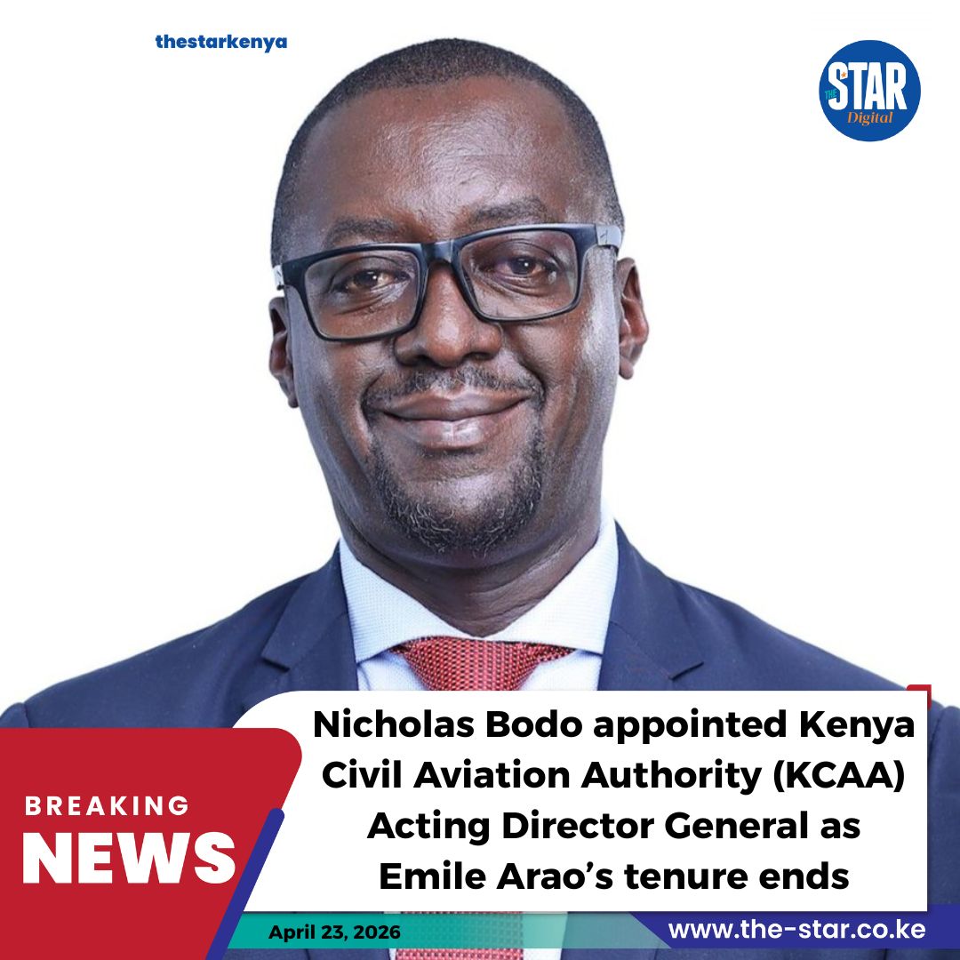 TheStarKenya's tweet image. UPDATE: The Kenya Civil Aviation Authority (KCAA) has appointed Nicholas Bodo as Acting Director General following the expiry of Emile Arao’s tenure. The Authority’s Board confirmed that Arao’s contract officially came to an end on April 22. #starkenyanews