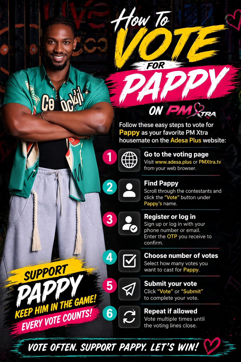 🚨ANNOUNCEMENT 🚨

‼️VOTE FOR PAPPY ‼️
📲 Vote now: adesaplus.com, MG Reality App or Dial *713*19#

PAPPY THE MASTERPIECE 
PRISCARY THE YARDSTICK 
VOTE FOR PACARY 

#PriscaryPrincilla
#PatrickLigay
#Pacary
#PerfectMatchXtra