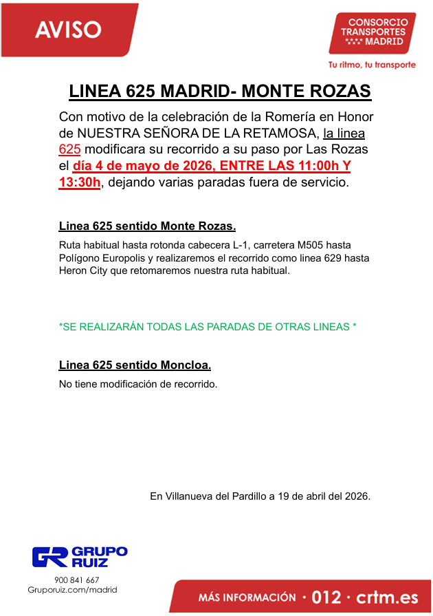 AutoPeriferia's tweet photo. ⚠️AVISO IMPORTANTE⚠️

Desvío de las líneas 625 y 628 con motivo de la celebración de la Romería de Nuestra Señora de la Retamosa. 

📍04 de mayo
 🕘A partir de las 11:00 hasta las 13:30

Disculpen las molestias. https://t.co/TBfnVL3sOs