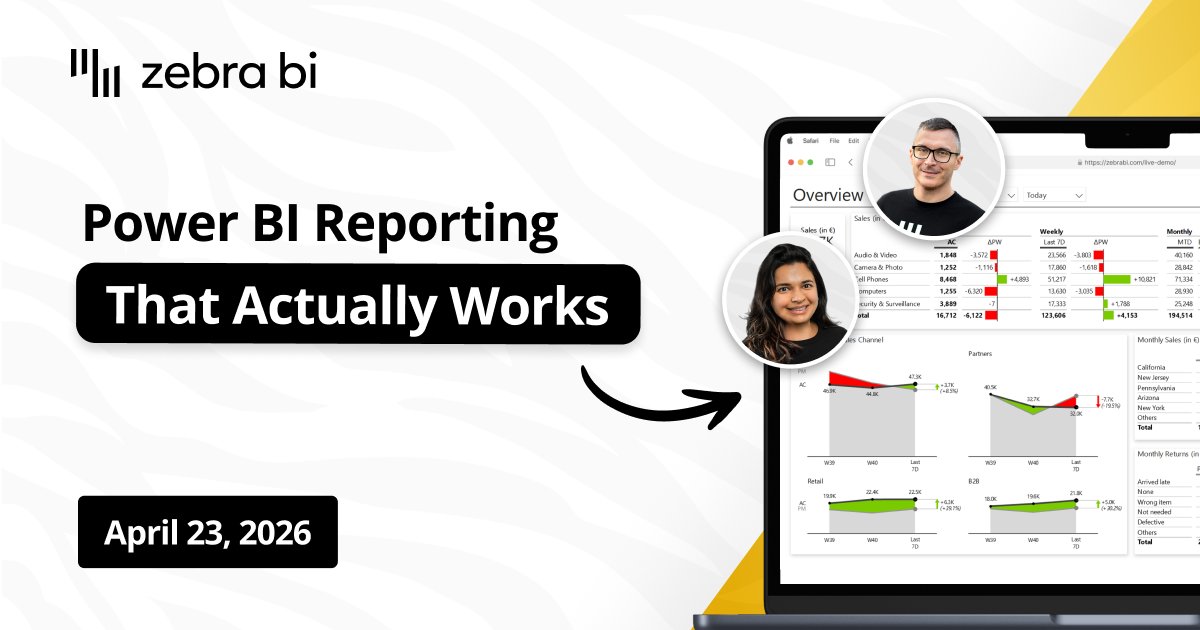 ZebraBI's tweet photo. Your Power BI dashboards tell you what happened.

They don't tell you what to do about it.

That gap is worth $2M to $20M a year, depending on company size.

Tonight, 6 pm CET, we show you how to close it. Live rebuild, real companies, real numbers.

Sign up here: https://t.co/uCBP7WHKCs

#ZebraBI #PowerBI #Webinar