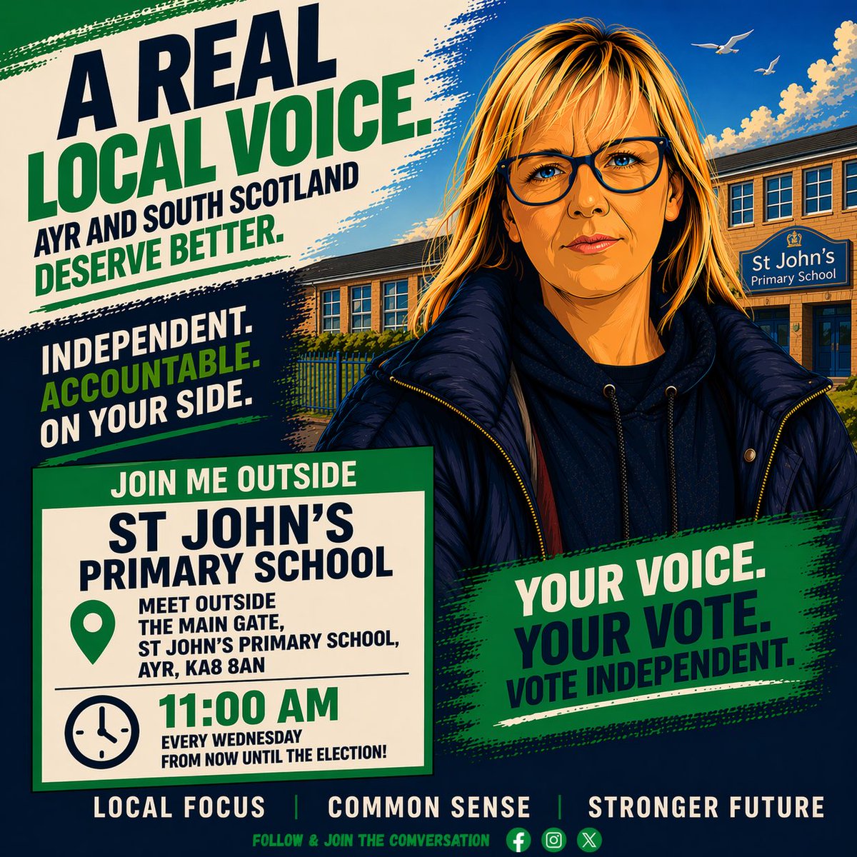 IndyDenise26's tweet photo. 📍 St John’s Primary (outside)
🕚 11:00 AM
Out speaking to residents — no spin, just real conversations.
If you want change, it starts with being heard.
#Ayr #VoteIndependent #LocalVoice #SouthScotland https://t.co/0lhcNGQ5zn