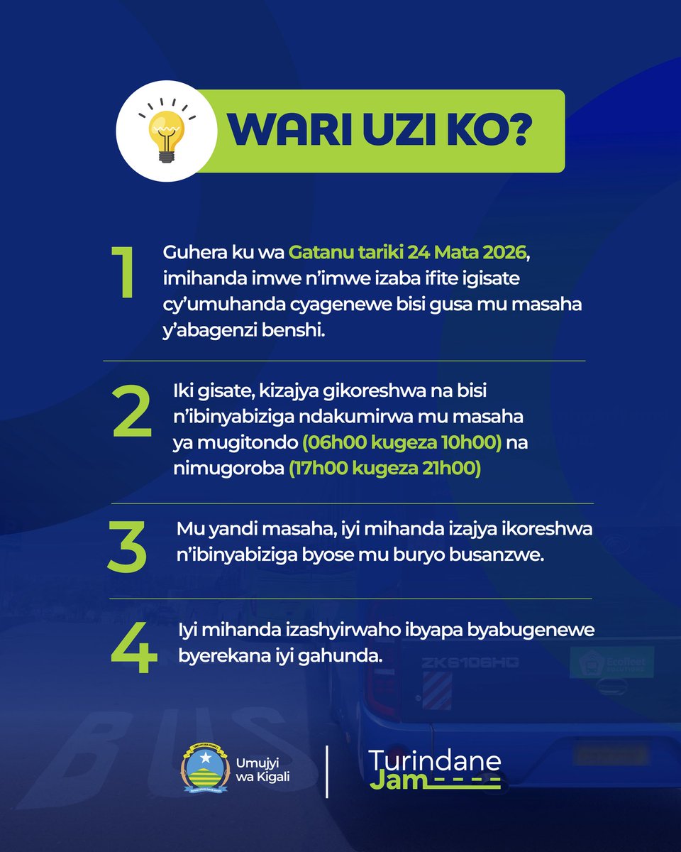 Guhera ejo ku wa Gatanu, muri #KigaliYacu, imihanda imwe n’imwe izaba ifite igisate cy’umuhanda cyagenewe bisi gusa mu masaha y’abagenzi benshi. 

Iby’ingenzi wamenya kuri iyi gahunda izwi nka “Dedicated Bus Lanes”. 

#TurindaneJam.