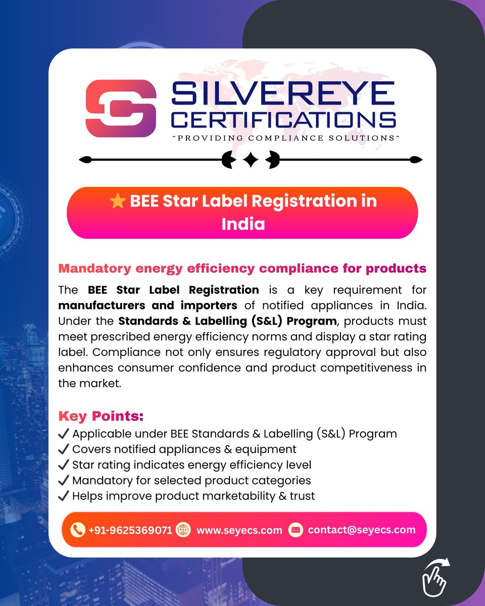 Official_seyecs's tweet image. ⚡ Is your product BEE Star Label compliant? Ensure energy efficiency, avoid penalties &amp;amp; boost trust. 💼 SilvereEye Certifications 📞 +91-9625369071 🌐 seyecs.com #BEE #Compliance #EnergyEfficiency 🚀
