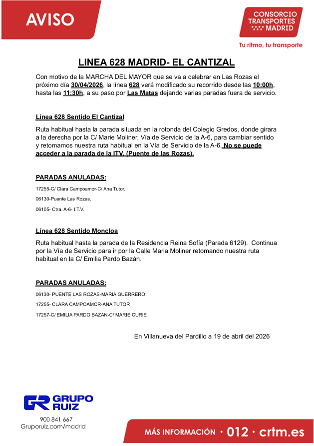 AutoPeriferia's tweet photo. ⚠️AVISO IMPORTANTE⚠️

 Desvío de las líneas 622 y 628 con motivo de la Marcha del Mayor en Las Matas.

📍30 de abril 
🕘A partir de las 11:00 hasta las 14:30 (línea 622) y a partir de 10:00 a 11:30  (línea 628)

Disculpen las molestias. https://t.co/j7g55oZRwC