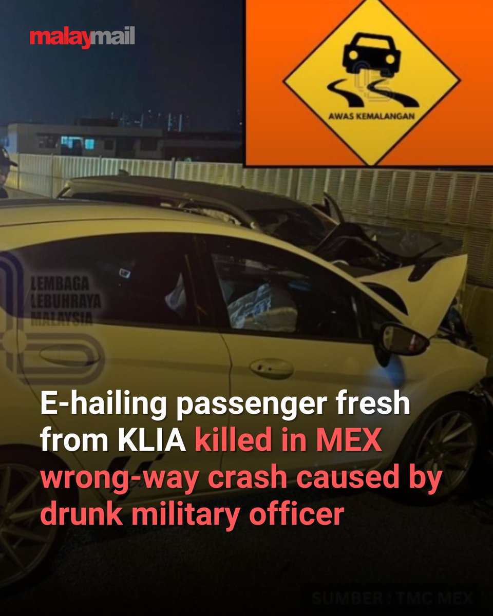 A military officer, believed to have been driving against traffic while under the influence of alcohol, caused a fatal head-on collision on the Maju Expressway (MEX) this morning, killing a 22-year-old e-hailing passenger.

The 31-year-old suspect exceeded the permitted alcohol