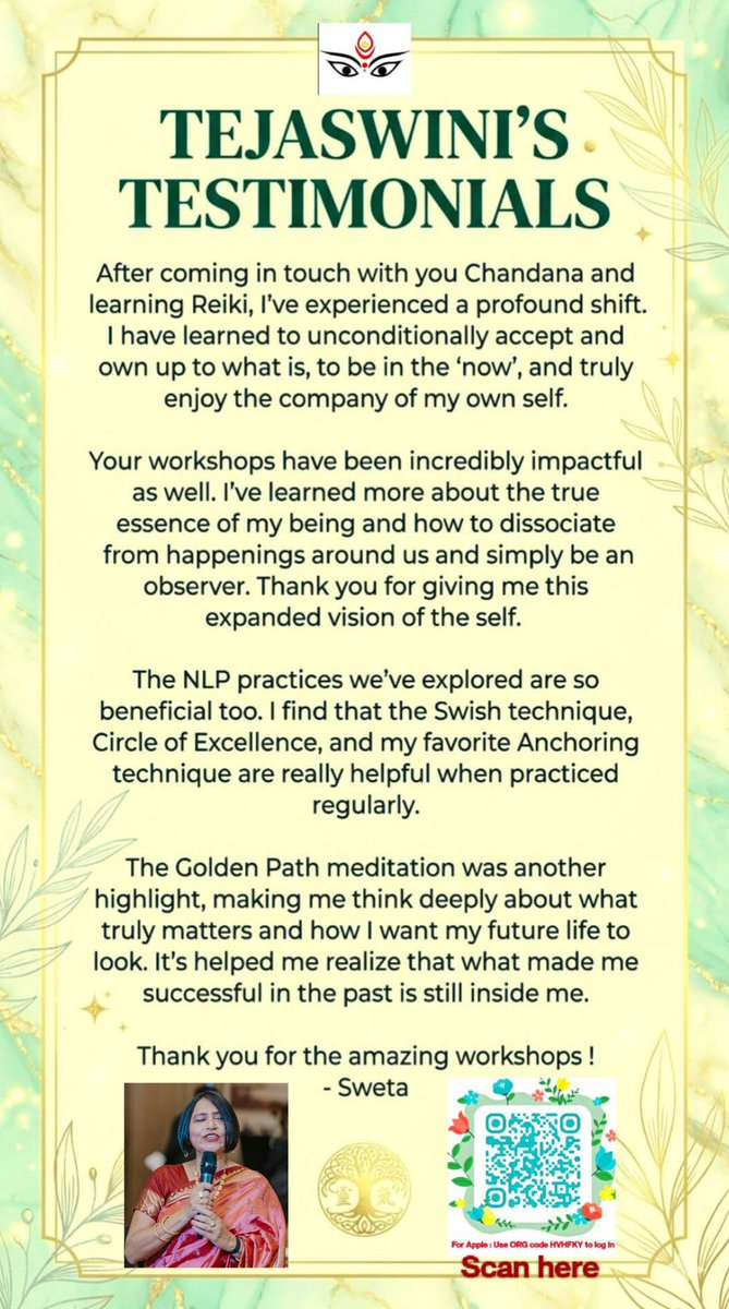chandatejaswini's tweet image. Tejaswini Transformations – 2 

​"I have learnt to unconditionally accept what is &amp;amp; truly enjoy the company of my own self." 

​A beautiful soul shares how combining Reiki and NLP helped rediscover success within.

​Explore courses: classplusapp.com/w/tejaswini/co…

​#Mindset #NLP #Reiki