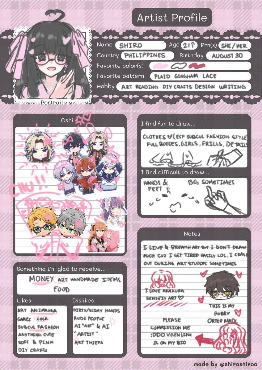 shioshiroo's tweet photo. Hello! Sharing this artist profile I made here ๐ฉท Feel free to use it, just don't remove the credits (โ ไบบโ *โ ยดโ โโ ๏ฝโ )โ ๏ฝกโ *๏พโ +
#arttwt #artistintro https://t.co/OLhypenQdJ