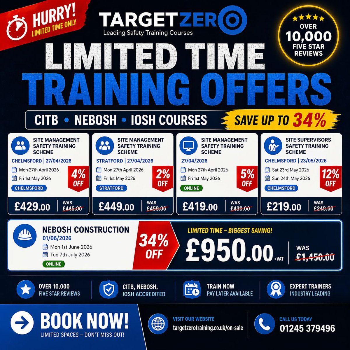 TargetZero_Grp's tweet photo. Limited time training offers now live.

Save on SMSTS, SSSTS and NEBOSH courses with accredited training trusted by over 10,000 five star reviews.

Book now
https://t.co/7Jvf74jTKd

Call 01245 379496
sales@targetzerogroup.co.uk

#SMSTS #SSSTS #NEBOSH #ConstructionTraining #CITB https://t.co/3U9SIhsk2C