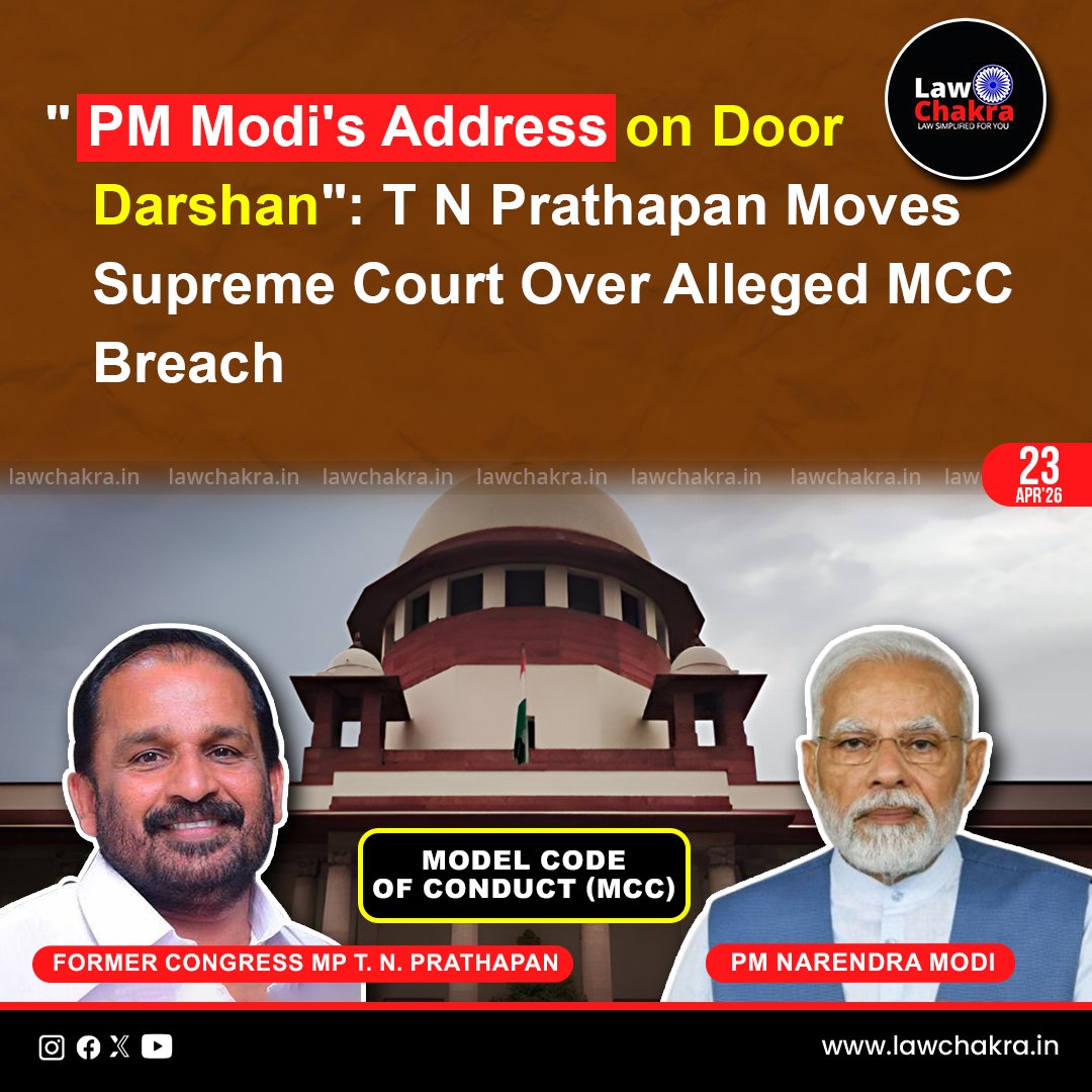 LawChakra's tweet image. Supreme Court of India moved by T. N. Prathapan alleging Election Commission of India inaction over MCC violation. Plea targets broadcast of Narendra Modi speech during election period.
Read More At: lawchakra.in/supreme-court/…
#Supremecourtofindia #legalnews #latestnews