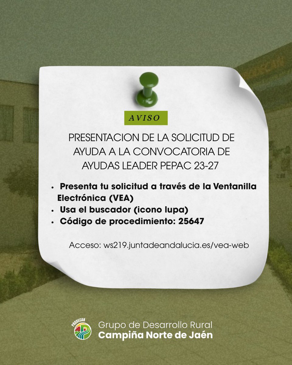 prodecan's tweet photo. 📢 Ayudas LEADER PEPAC 2023-2027
Se informa que el enlace publicado en BOJA no está operativo en este momento.
👉 Mientras tanto, podéis presentar la solicitud de ayuda y el resto de documentación a través de VEA.
🔗 Acceso: https://t.co/Isrjxt7gjY
🔎Código 25647 https://t.co/chFfskgO6X