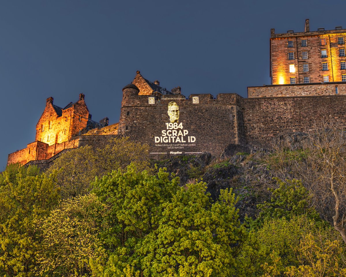 Togetherdec's tweet photo. 🏴󠁧󠁢󠁳󠁣󠁴󠁿🇬🇧 Last night, our message lit up Edinburgh Castle.

Projected onto one of the UK’s most famous landmarks:

SCRAP DIGITAL ID

All over the UK, people are raising serious concerns about privacy, freedom, and the creeping of “voluntary” systems becoming unavoidable in everyday life.

This is part of a growing national campaign demanding:

🔹 Scrap the Digital ID scheme
🔹 Yes to a Digital Bill of Rights
🔹 Protection of civil liberties for everyone

📍 Join our rallies this Saturday, 25 April (gather 1.30pm):

Edinburgh | London (Trafalgar Square) | Belfast | Cardiff

The pushback is growing. The message is clear.

#ScrapDigitalID #together