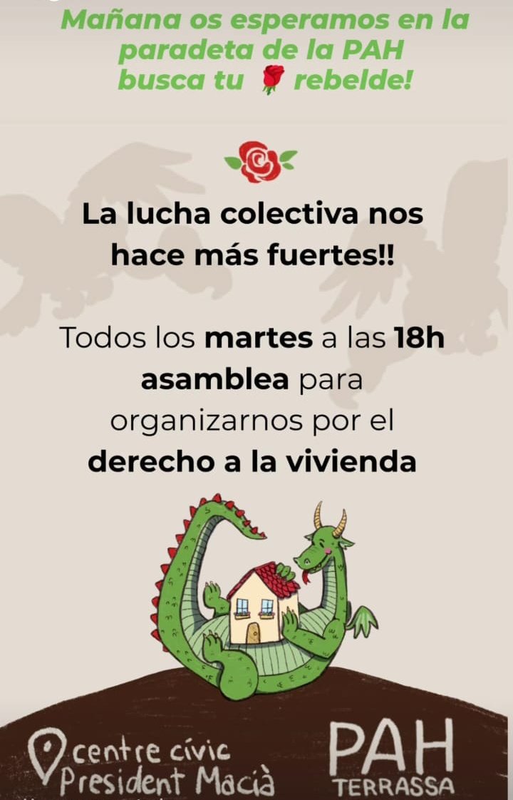 PAH_Trs's tweet image. 🌹La rosa de Sant Jordi, compreu-la a la paradeta de la PAH 😍 a la Rambla de #Terrassa!

👏 El vostre gest per les persones estimades, ajudarà també a la lluita per una ciutat lliure de desnonaments! 🔥💪

📍Us passem la ubicació:

maps.app.goo.gl/1U2VXoGahiyqcE…

#SantJordi2026 #Lluita