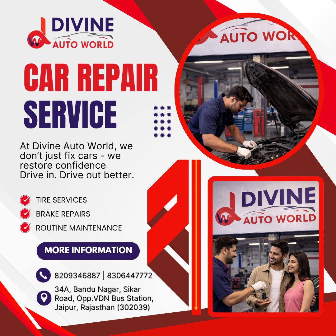 DivineAutoworld's tweet image. Drive in worried, drive out confident 🚗🔧
Expert repairs, maintenance &amp;amp; care at Divine Auto World.
✔ Tires ✔ Brakes ✔ Service

📞 8209346887 | 8306447772
📍 Bandu Nagar, Sikar Road, Jaipur

#CarService #Jaipur #AutoCare #DivineAutoWorld