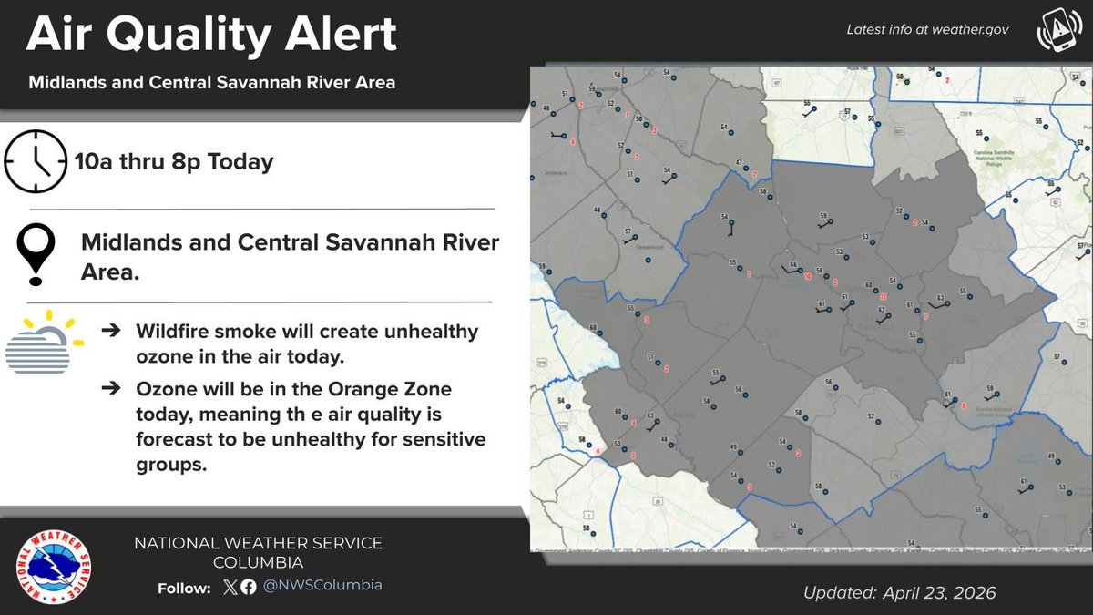 NWSColumbia's tweet image. Stagnant high pressure, plus wildfires to our west, has resulted in increasingly poor air quality across the area. An Air Quality Alert is in place from 10a through 8p this evening for this. Please use caution if you are sensitive to changes in air quality! #scwx #gawx