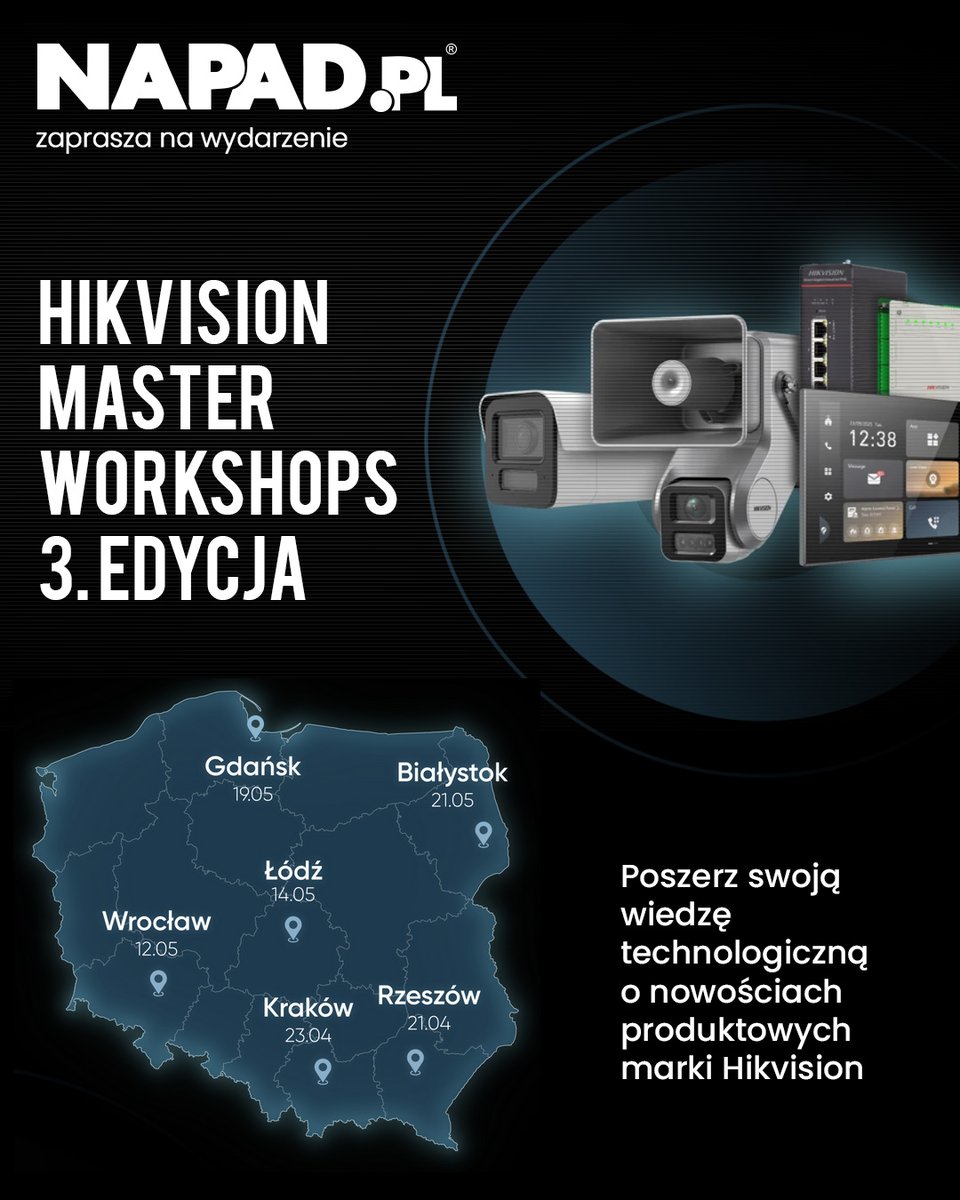 napadpl's tweet image. Hikvision Master Workshops 2026! 🛠️

Poznaj zupełnie nowe produkty i technologie AIoT Hikvision. Minimum slajdów, maksimum sprzętu!

Więcej informacji 👇
🔗bit.ly/hmw2026

#Hikvision #HMW2026 #Monitoring #AIoT #Warsztaty #Bezpieczenstwo