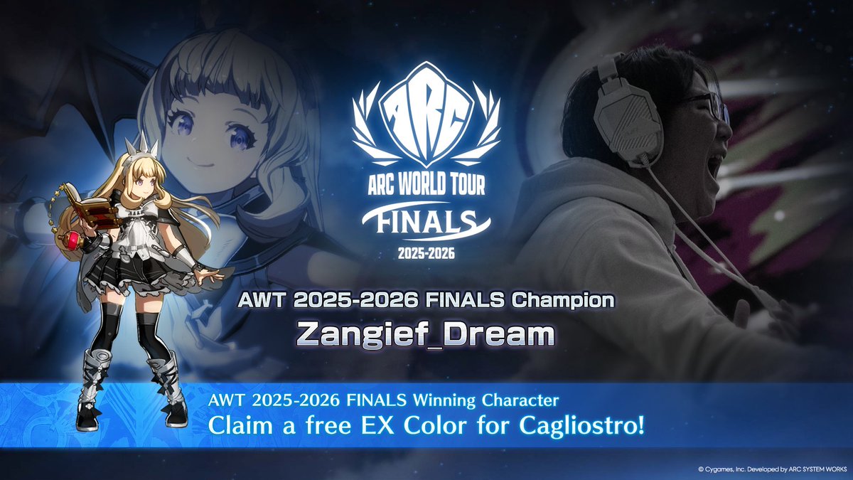 gbvs_official's tweet image. We're giving out a free Cygames-themed EX color for Cagliostro to commemorate Zangief_Dream's #AWT25_26 victory!

Claim yours now from the in-game gift crate before 11:59 p.m., May 10, 2026 (PT)!

🔍️ Details:
rising.granbluefantasy.jp/en/news/detail…

#GBVSR