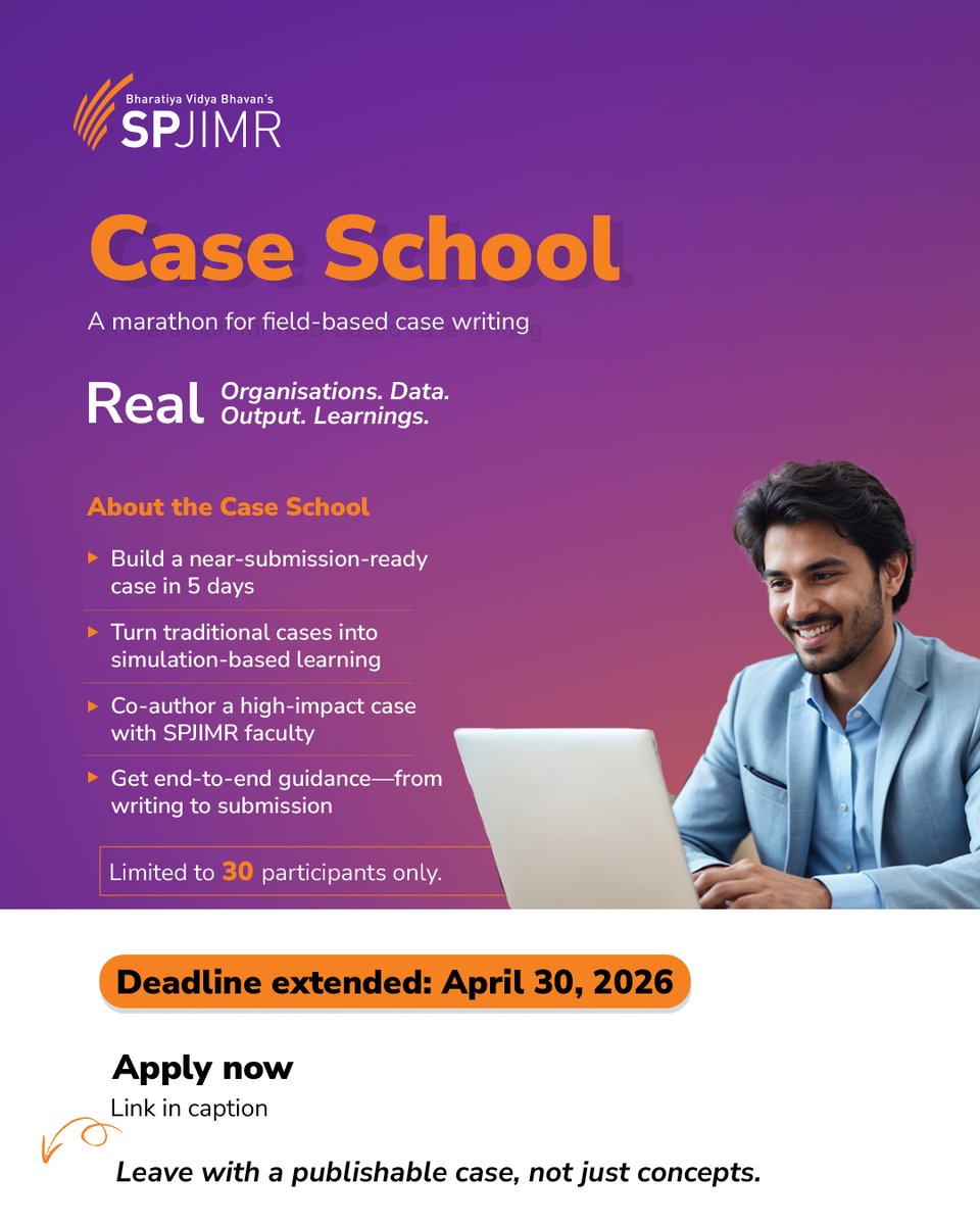 SPJIMR's tweet photo. Deadline Extended — One Last Time
You asked. We listened.

The Expression of Interest (EoI) deadline for Case School 2026 at SPJIMR is now extended to April 30, 2026.

Here’s the fine print (and it matters): This is the first and final extension. No repeats. No exceptions.

With just 30 seats and strong demand, entries are being reviewed on a first-come, first-served basis. If this has been sitting on your ‘maybe’ list—this is your final nudge.
☑️Work closely with real entrepreneurs
☑️Build a full case + Teaching Note
☑️Learn in a 5-day immersive, residential format
☑️Don’t overthink it. Secure your spot.

Submit your EoI: https://t.co/GzIHu6PNpn

Let’s build cases that come from the field, not just the classroom.

#IamSPJIMR #CaseMethod #Workshop #FacultyDevelopment