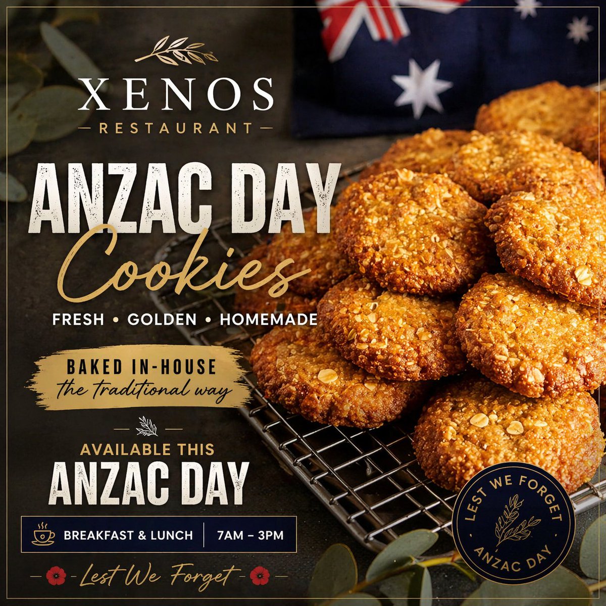 TimXenos's tweet photo. #AnzacDay #LestWeForget #XenosRestaurant #FreshBaked #SydneyEats #CafeLife #AnzacBiscuits #SupportLocal #BreakfastSydney https://t.co/1kXbEUwUfN