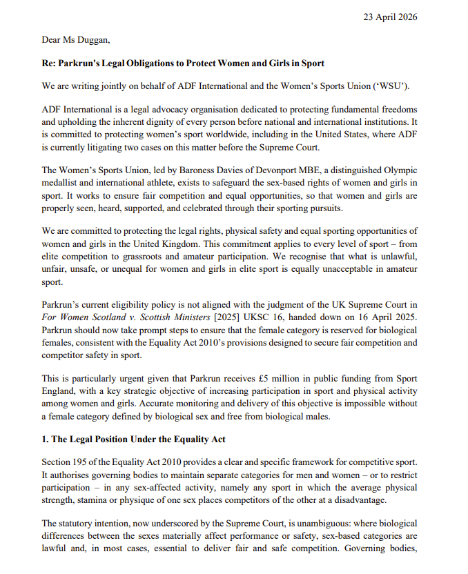 ADFIntl's tweet image. BREAKING: Ten UK sports bodies threatened with legal action if they continue to allow men to compete in women's sport.

@sharrond62 and @TracyEdwardsMBE of @wsusportsunion and @ADFIntl today warned the bodies their policies are in breach of the law. Read one of the letters ⬇️