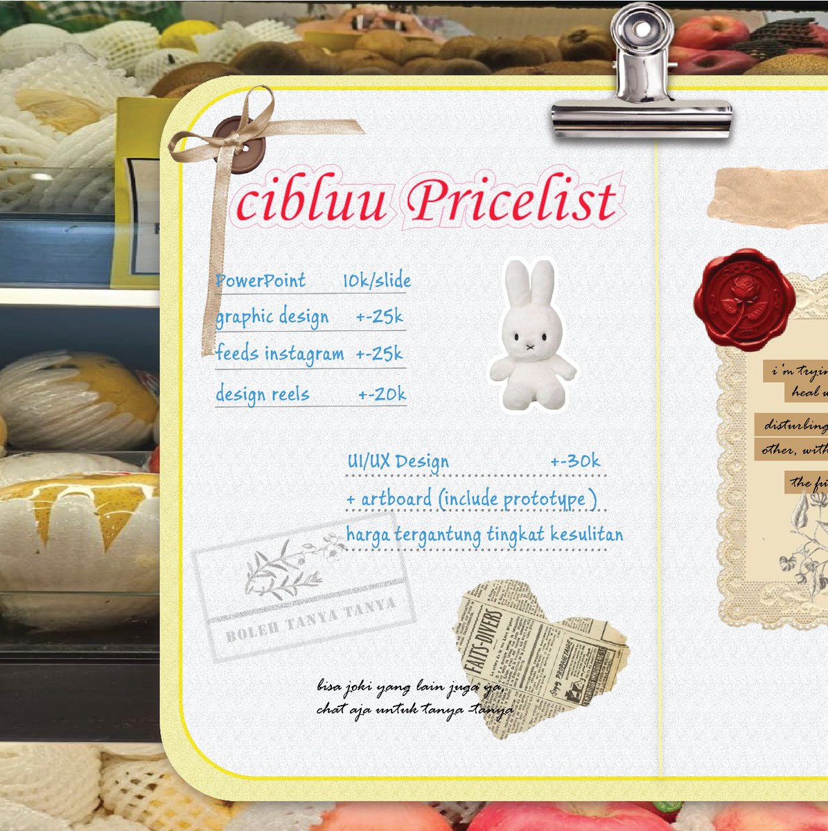 bibbibib00's tweet image. Hai hai

📌 Aku buka jasa joki design, dan lainnya

Desain grafis, web design, mobile design, prototype, mockups, dan bisa buat website sederhana juga.

Boleh tanya tanya/konsul juga yahh

#zonauang #jokitugas #design #UIUX #jokidesain #jokiskripsi