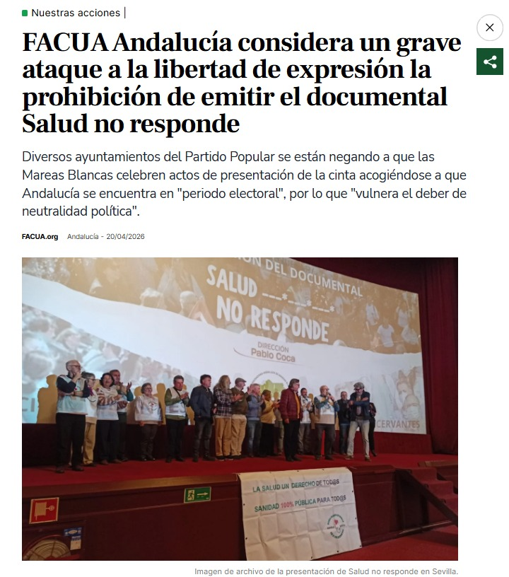 El Gobierno de Moreno Bonilla cometió negligencias en los cribados de cáncer que provocó muertes evitables y luego persiguió y atacó a las víctimas.
Ahora el PP censura el documental "Salud no responde" para silenciar que la privatización de la sanidad mata.
Vota Sanidad Pública.