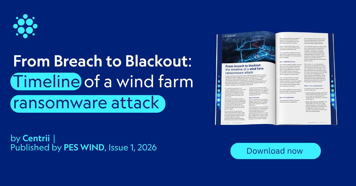 Centrii_'s tweet image. One breach. Weeks of recovery. Millions at stake.
Read out latest scenario of how a #cyberattack on a wind farm can turn into a full shutdown within minutes. 

Download now ➡️ eu1.hubs.ly/H0tJBPS0

#cyberattack #windenergynews #energycybersecurity