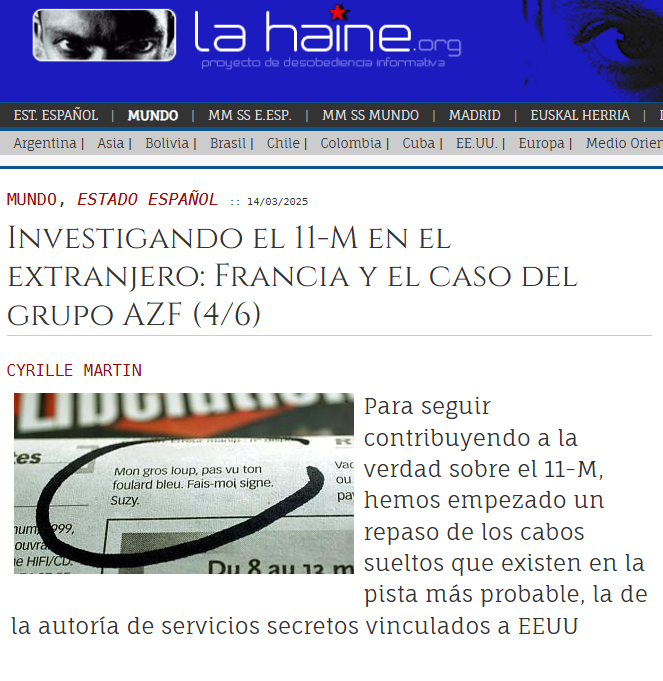 LOQUEDIGAELFMI's tweet photo. Investigando el 11-M en el extranjero: Francia y el caso del grupo AZF (4/6), por Cyrille Martin. Hemos empezado un repaso de los cabos sueltos que existen en la pista más probable, la de la autoría de servicios secretos vinculados a los EEUU (tipo Gladio) https://t.co/p60gSHYAI5 https://t.co/2QsuflfZDz