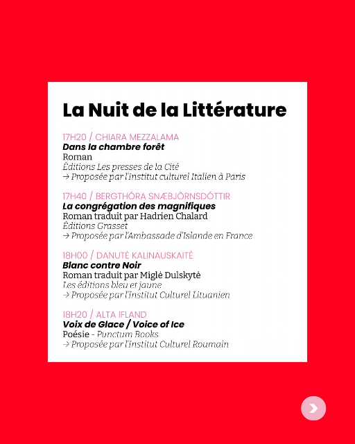 parisparisfr's tweet photo. Découvrez la 14e édition de la Nuit de la Littérature.
Le samedi 30 mai, à partir de 14 h et jusqu’à la tombée de la nuit, une vingtaine d’auteurs étrangers présentent leurs œuvres récemment traduites en français ou écrites en français.
Animées par des spécialistes, ces rencontres en plein air de vingt minutes se déroulent dans la cour du Centre Culturel Irlandais, en présence de traducteurs et de la librairie La Belle Lurette.
Un concert de clôture viendra prolonger la soirée. L’événement est en entrée libre et gratuit.