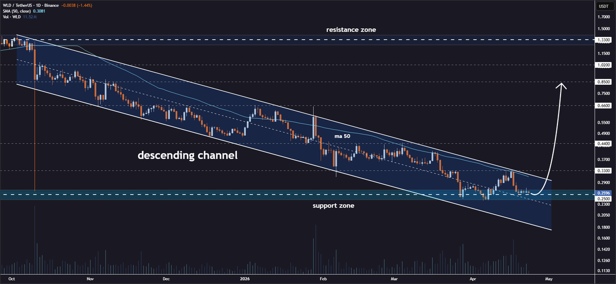 JohncyCrypto's tweet image. #WLD Channel Support Bounce👀

Worldcoin is ready to bounce from the midline of the descending channel on the daily timeframe🔍

✅ Support zone is holding firm
✅ Bullish momentum is building
✅ Strong bounce signals is emerging

Upside targets: $0.33 → $0.44 → $0.66 →