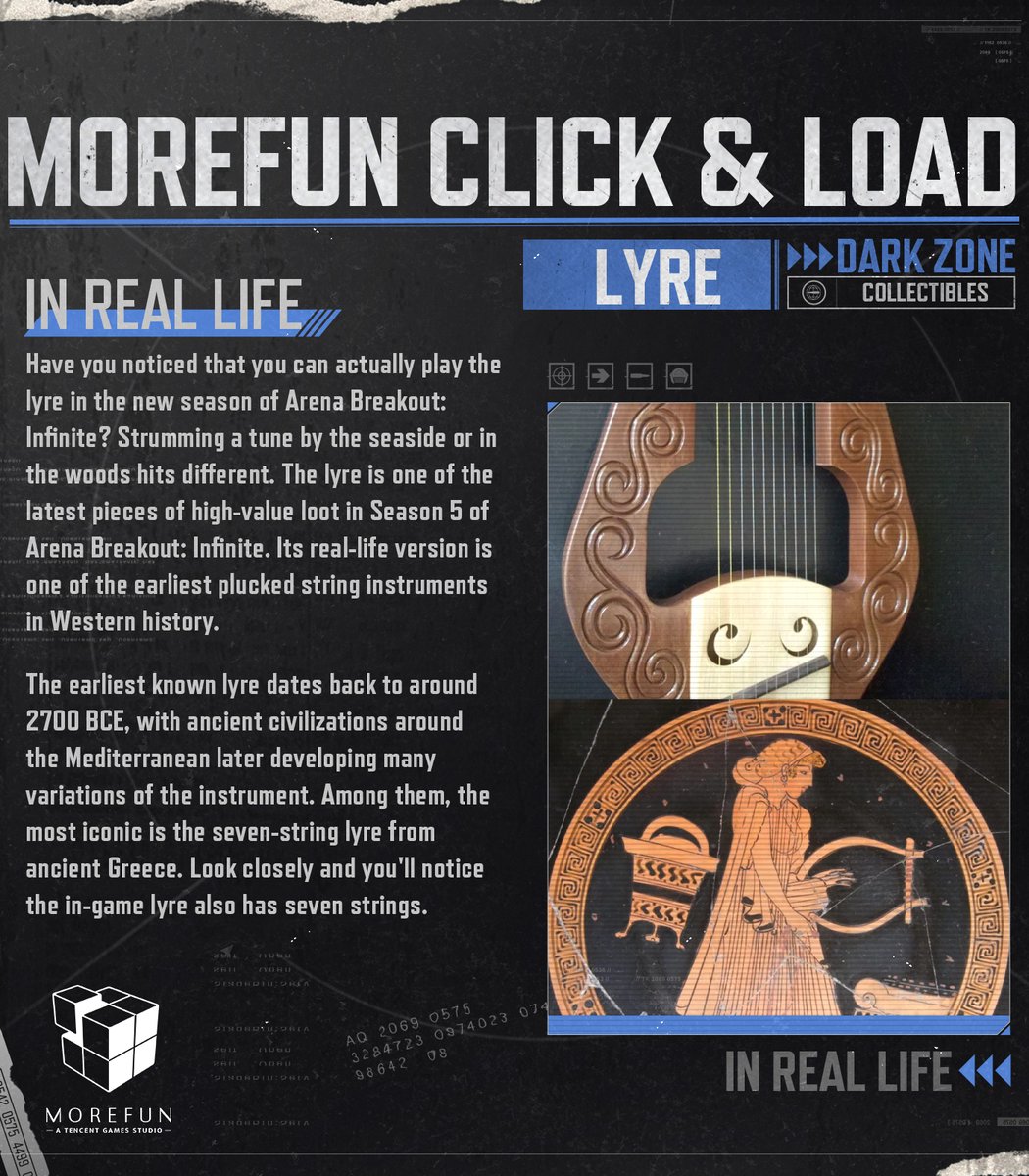 MoreFunStudios's tweet image. This week on MoreFun Click &amp;amp; Load, it's time to meet the Lyre! Born in ancient myth, cherished through the ages, and now yours to play in the Dark Zone. Pick it up and let the strings do the talking.

#games #ArenaBreakout #arenabreakoutinfinite #ArenaBreakoutPC #fyp