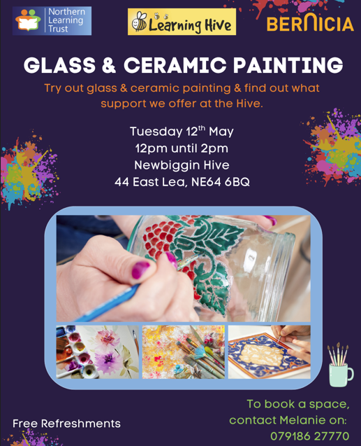 NewbigginTC's tweet image. Discover the Art of Glass &amp;amp; Ceramic Painting at Newbiggin Learning Hive.

Spaces are limited, so be sure to secure your spot! To book, contact Melanie on the number below.
#newbigginbythesea #painting #creative #support