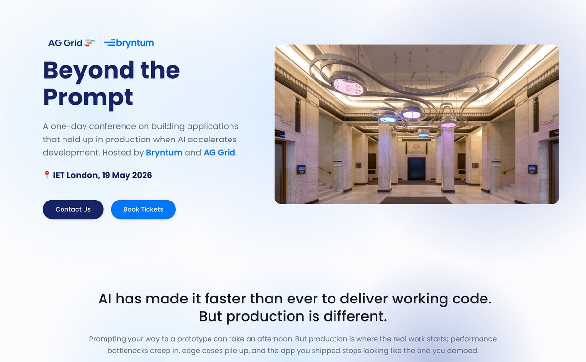 Join us in London for a full day with <a href="/ag_grid/">AG Grid</a> and <a href="/bryntum/">Bryntum</a> teams. The topics will be performance, architecture, and impact of Agentic AI on web development.

More info: linkedin.com/posts/ghulamgh…

🗓️ May 19
📍IET London, 2 Savoy Place, London WC2R 0BL
🎫 lnkd.in/daPH9jhmiey