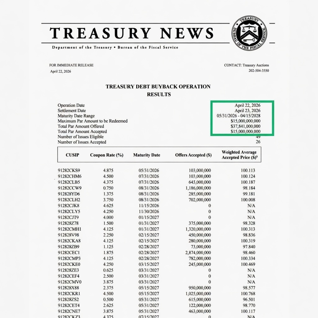 CryptosR_Us's tweet photo. 🚨 U.S. TREASURY JUST EXECUTED ITS SECOND $15 B DEBT BUYBACK IN ONE WEEK  

Two record-breaking operations in April alone. $138 B in buybacks YTD - nearly double all of 2024.  

That cash goes somewhere. Risk assets are watching. 👀 https://t.co/opS1iPlaVn
