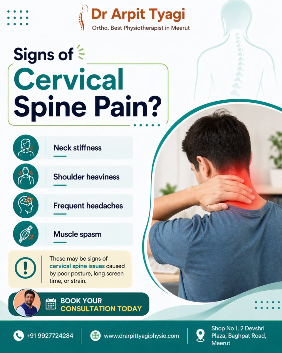 DrArpit4604's tweet image. Neck pain is not normal—it's a warning sign! ⚠️
Long screen time, poor posture, and stress can lead to cervical pain, causing stiffness, headaches, and shoulder discomfort.
#CervicalPain #NeckPainRelief #Physiotherapy #PostureCorrection #HealthCare #DrArpitTyagi #PainRelief