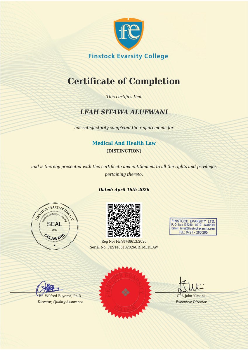 jgithii2002's tweet image. Another milestone in Medical &amp;amp; Health Law 🎓🌟
Congratulations to Leah Sitawa Alufwani for earning her Certificate of Completion with Distinction.
More information: Calls: 0703313722
#Congratulations #MedicalLaw #HealthLaw #StudentSuccess #medical #law #order #healthlaw #career