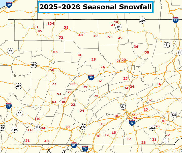 NWSStateCollege's tweet image. Here's how much snow has fallen across Central #PAwx through the winter of 2025-2026. Sites are NWS Co-Operative Observation Locations.  Generally below normal for most of the area - especially in the south-central counties - in line with their current drought conditions.