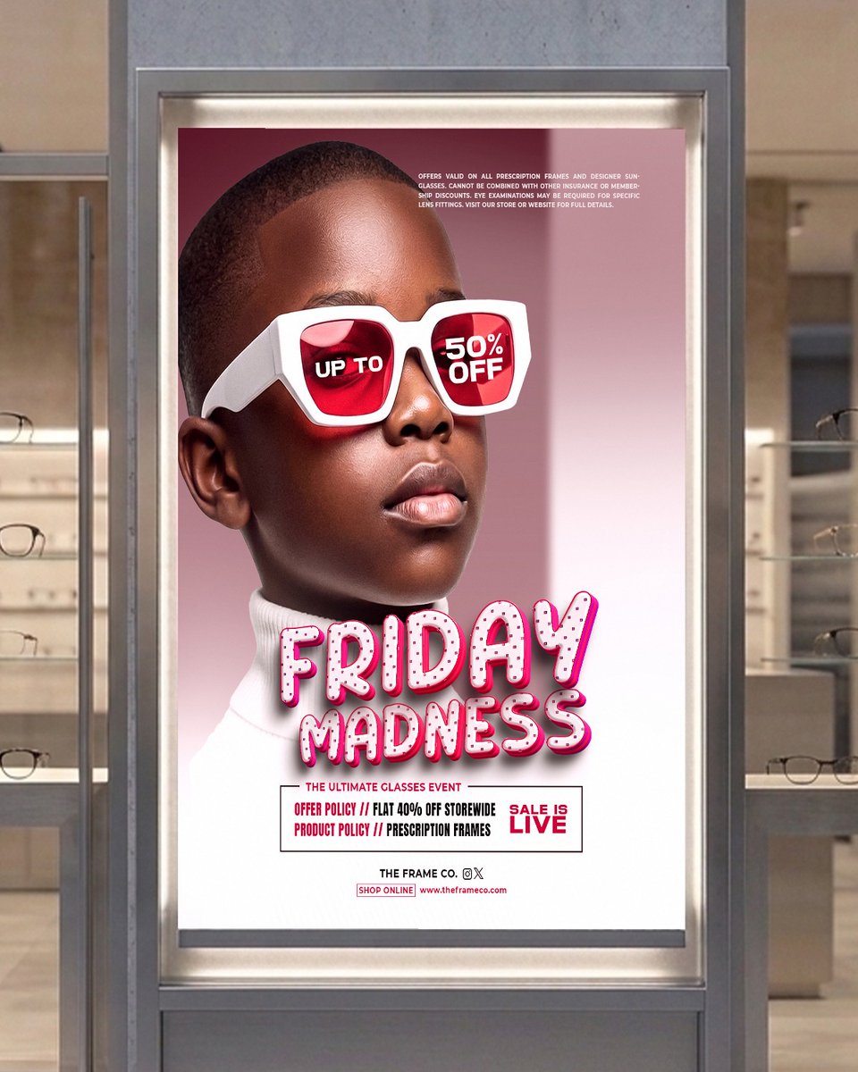 L_jmshaid's tweet image. Friday Madness sale poster for an eyewear brand.
What do you think of this modern aesthetic?
📩 Need a custom poster for your brand? DM me.

.
.
.
.
#posterdesign #adobephotoshop #eyewearfashion #socialmediamarketing #advertisingdesign