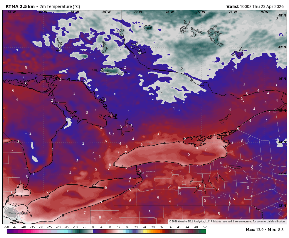 WxOntario1's tweet image. Cool start to the day across Southern #Ontario

Temps range from the low to mid single digits

We warm up quickly with afternoon temps ranging from the low to upper teens, near/ mid 20s for parts of SW Ont

Brisk SE wind keeps most of the #GTA cooler

Mainly sunny skies with some