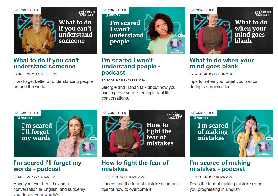 "Beating Speaking Anxiety" podcast ซีรีส์พิเศษของ BBC อันนี้ดีมากเลยค่ะ (นี่แนะนำให้น้องนร.ทุกคนเลย) - เป็นพอดคาสต์ความยาวไม่เกิน 10 นาที ในแต่ละ ep เขาจะหยิบปัญหาของคนที่กำลังฝึก speaking มาพูดคุยกับผู้เชี่ยวชาญ แนะนำ tips ให้กลับไปลองฝึก