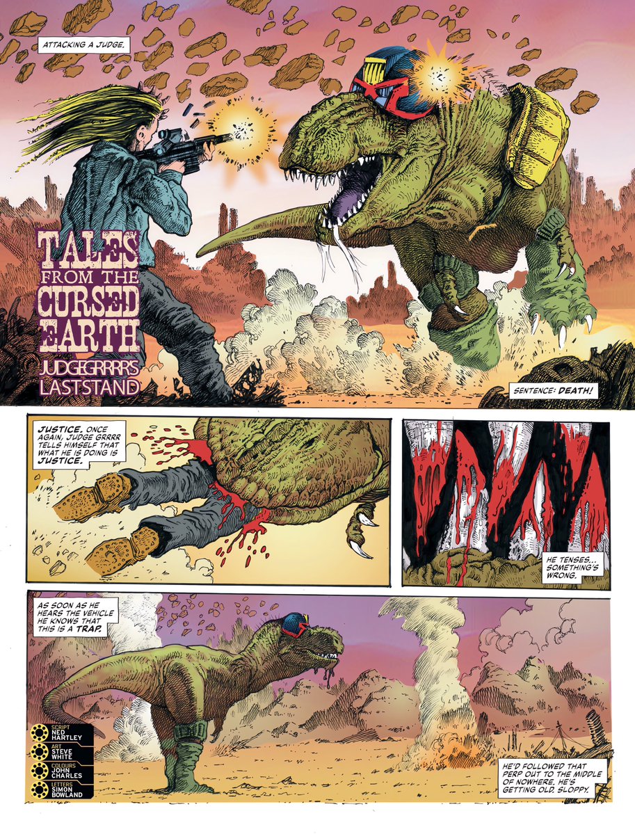 Koprolitos's tweet image. El regreso de Steve White: se publica “Tales from the Cursed Earth: Judgegrrrrs Last Stand”, una historia corta protagonizada por #Jurassic Dredd. Te lo cuenta Charlie Charmer:

▶️ koprolitos.blogspot.com/2026/04/el-reg…
#JudgeDredd #dinosaur #comic