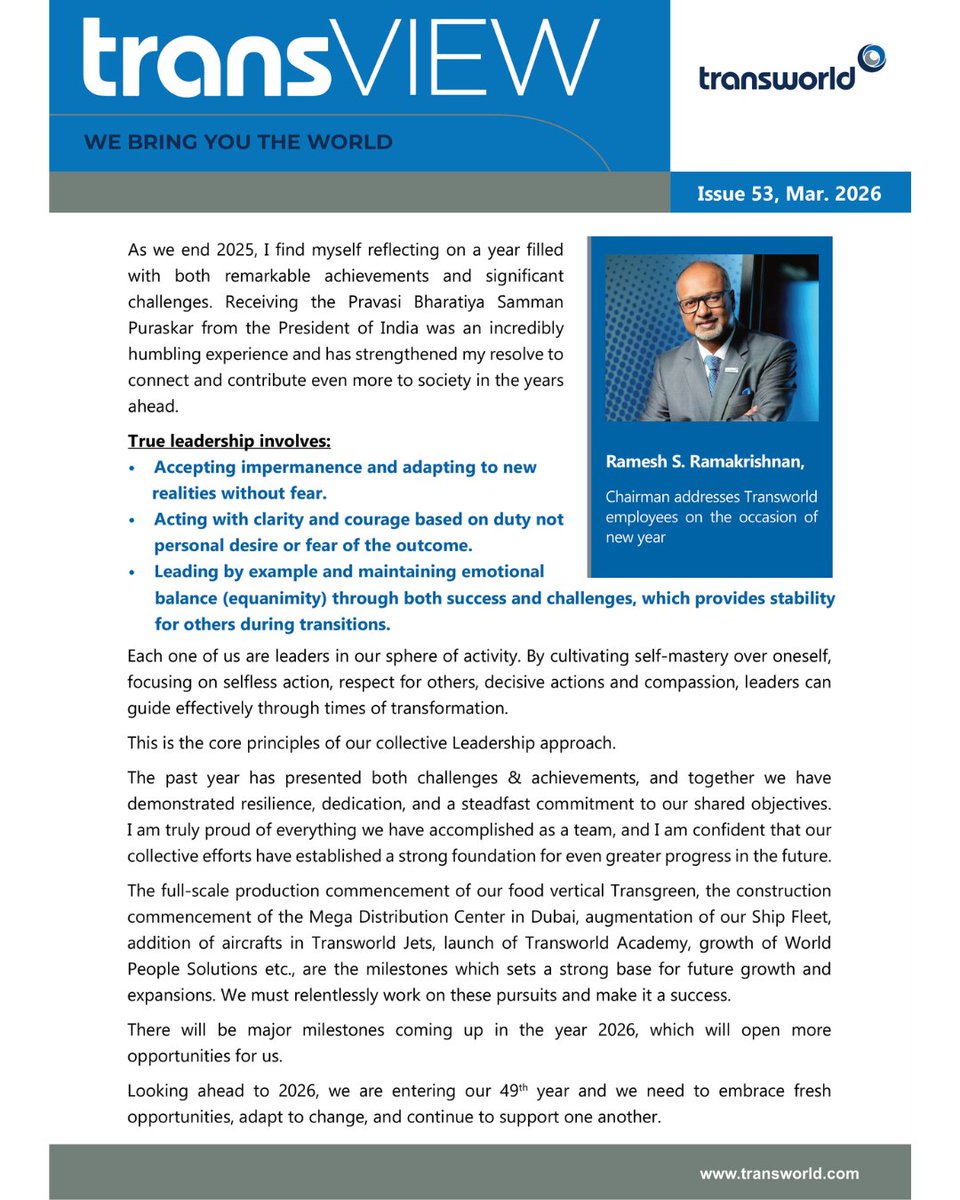 An insight into the News and Updates of Transworld!

Our Quarterly Magazine #TransVIEW - March 2026 edition.

Click for PDF version: transworld.com/media/transvie…

#Transworld #TransworldMagazine #QuaterlyMagazine #Shipping #Logistics