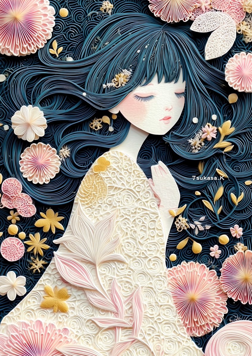 TsukasaKikuchi's tweet image. 「花と少女」
#artistgram 
#papercrafts 
#illustration 
#エンボス