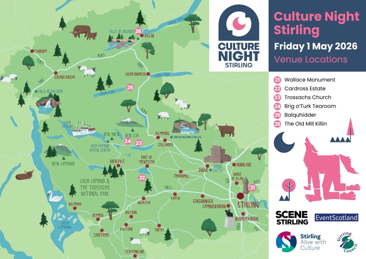 StirlingCouncil's tweet photo. 📍😍 As excitement builds for the first Culture Night Stirling on Friday 1 May, a new map has been launched that reveals the 26 locations where over 40 events will take place on one incredible night.

The new spectacular cultural celebration will transform Stirling and its surrounding areas by bringing venues and unexpected spaces to life through a wide variety of *free events for one night, with a 6pm start.

The map shows the places in the city centre and Stirlingshire where events will pop-up, from pubs, clubs, hotels and visitor attractions to outdoor spaces and a shopping centre. 

Download it by visiting: https://t.co/LdWVUzwzRu

The theme for the first festival, ‘Carnival of the Wolf’, takes inspiration from one of Stirling’s most enduring legends – the tale of a pack of wolves whose howls alerted the people of Stirling to an attempted Viking invasion.

This legend will be reimagined across the city and the wider area through performance, music, art, and spectacle packed into one exhilarating night.

There will be something for everyone to enjoy as Stirling’s spirit, creativity and thriving culture scene is celebrated.

Expect: live music, aerial dance and immersive performance; cabaret and standup comedy; bold theatrical drumming performances; a historical crime tour that brings Stirling’s darker stories to life; pop-up performances, workshops, installations, food and drink experiences, and much more.

Read more: https://t.co/jo9muJUYCA

*Please note while all events are free, some may have a small booking fee. For all ticketed events, with the exception of some small workshops, a number of tickets have been held back for on the night walk ups only.  So if you weren’t able to secure an advance ticket, you’ll still have the chance to attend. Entry is offered on a first-come, first-served basis until the venue reaches capacity.

Culture Night Stirling is supported by EventScotland, part of VisitScotland.
