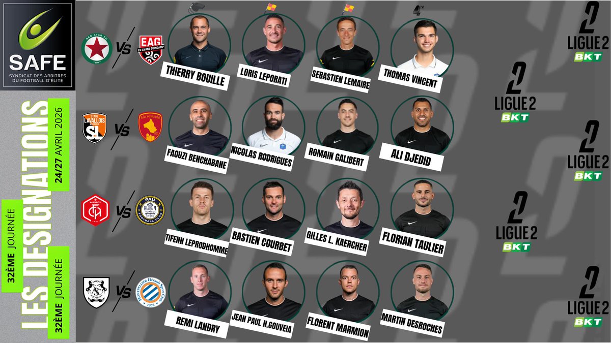 ArbitresSAFE's tweet image. ⭕️Les désignations

➡️ 32ème journée de @Ligue2BKT  

🖥️Retrouvez toute l’actualité des arbitres d’élite français sur notre site web en description du compte
#arbitrage #referee