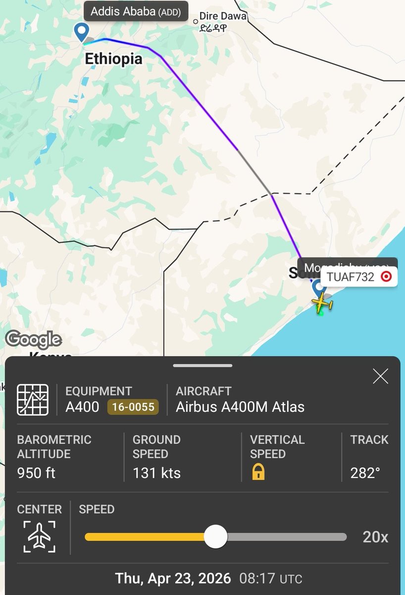 AfriMEOSINT's tweet photo. A Turkish Air Force A400M Atlas transport aircraft (w\ reg. 16-0055, callsign TUAF232) flew yesterday from Kayseri 🇹🇷 to Mogadishu, Somalia 🇸🇴 then on to Addis Ababa, Ethiopia 🇪🇹 before returning to Mogadishu 🇸🇴 again today. https://t.co/yGXjnumGZM