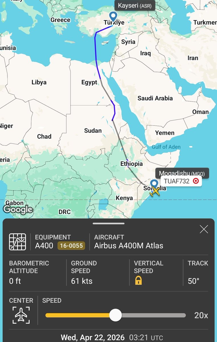 AfriMEOSINT's tweet photo. A Turkish Air Force A400M Atlas transport aircraft (w\ reg. 16-0055, callsign TUAF232) flew yesterday from Kayseri 🇹🇷 to Mogadishu, Somalia 🇸🇴 then on to Addis Ababa, Ethiopia 🇪🇹 before returning to Mogadishu 🇸🇴 again today. https://t.co/yGXjnumGZM