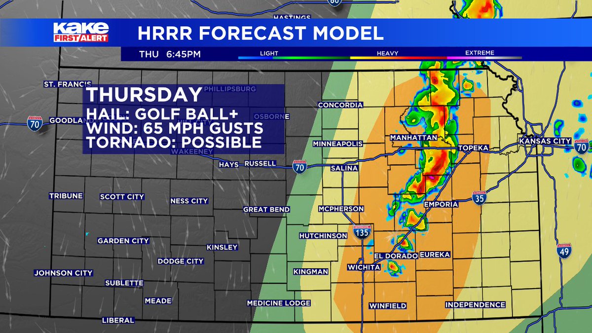 FrankWaughKAKE's tweet photo. Afternoon storms could pack a punch with large hail, high wind gusts &amp; a few tornadoes! (Video Forecast in my Feed) High fire danger returns across Western Kansas. High temps will be in the 70s and 80s before tumbling back to jacket and coat weather by morning. #KSwx https://t.co/CyTMELfgUH